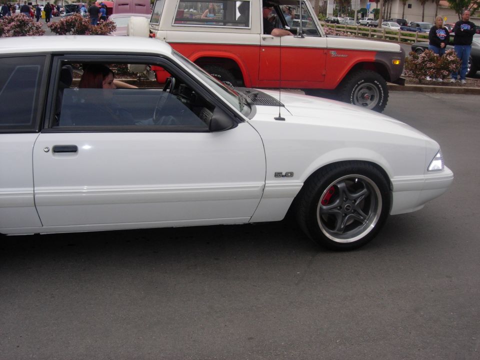 White Ford Mustang coupe with 5.0 badge, red brake calipers, and aftermarket wheels. Red and white Ford Bronco in background