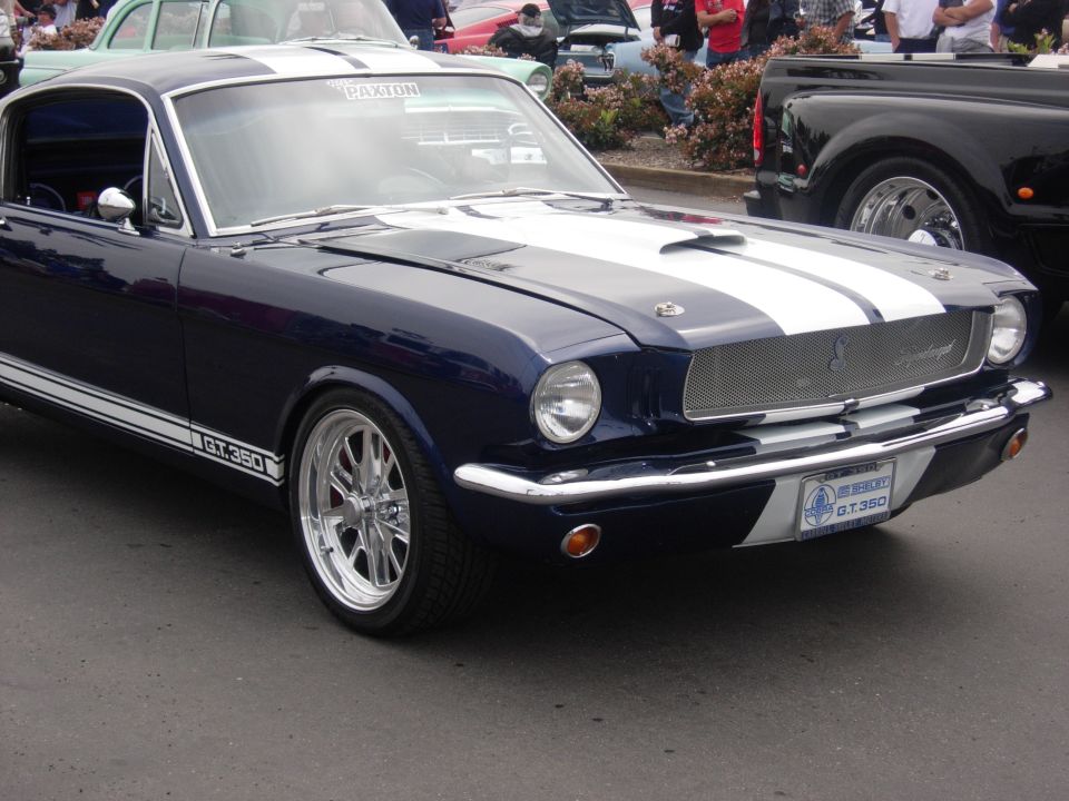 Dark blue 1966 Ford Mustang GT350 with white stripes and chrome wheels