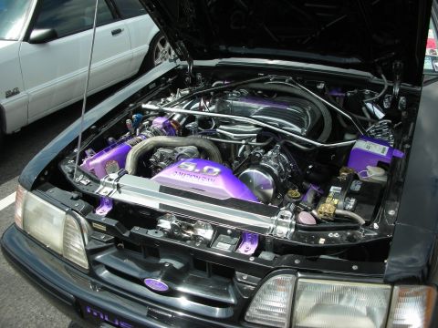 1992 Ford Crown Victoria - A customized 5.0 engine bay on a black Ford Mustang, with a white car visible in the background.