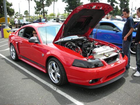 1992 Ford Crown Victoria - A red Ford Mustang is displayed with its hood open, revealing the engine bay and custom wheels.