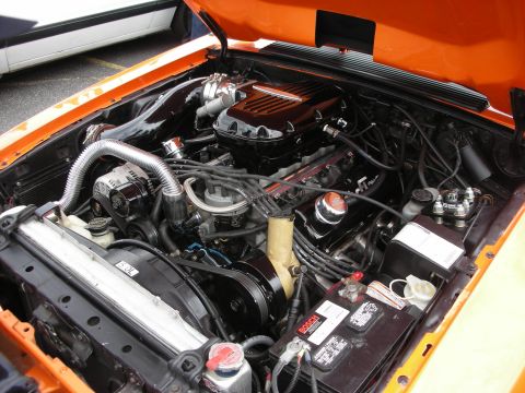 1992 Ford Crown Victoria - The engine bay of an orange car features black valve covers, chrome accents, and a prominent V8 engine.