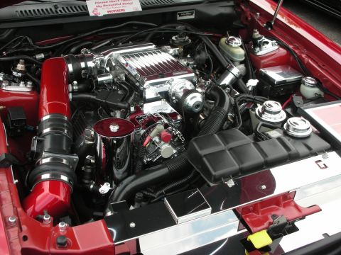 1992 Ford Crown Victoria - A highly modified engine bay features a prominent supercharger and custom intake piping.