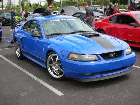 1992 Ford Crown Victoria - A blue Ford Mustang is parked at an outdoor car show next to a red Mustang.