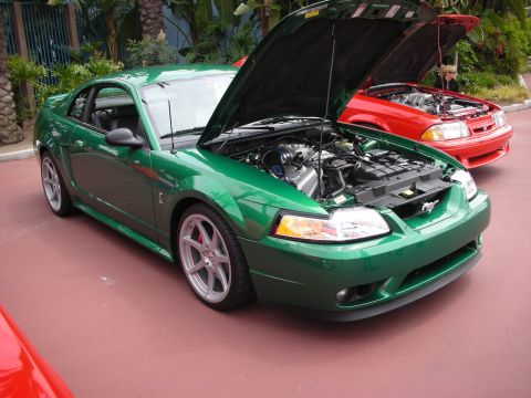 1992 Ford Crown Victoria - A green 2000 Ford Mustang is displayed with its hood open, parked next to a red vehicle.