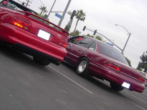 1992 Ford Crown Victoria - A red Mustang GT and a maroon sedan are parked on a street with palm trees and traffic lights in the background.