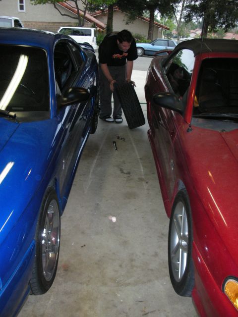 1998 Ford Crown Victoria - man crouches holding a wheel and tire in the gap between a blue car and a red car parked in a residential driveway.
