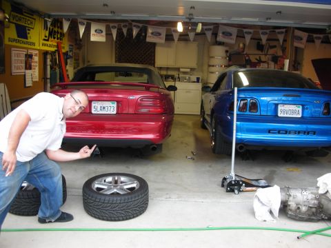 1998 Ford Crown Victoria - man in a white shirt crouches pointing at a wheel between a red Mustang and a blue Mustang Cobra in a Ford-pennant garage.