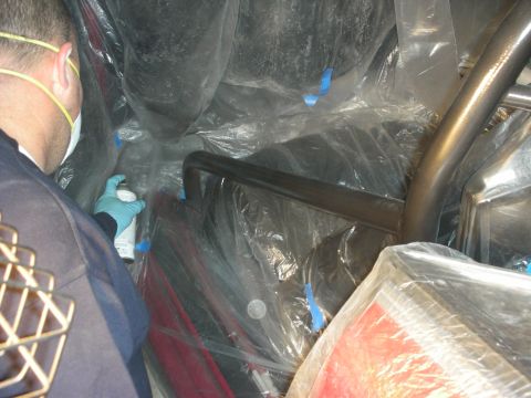 1998 Ford Crown Victoria - person wearing nitrile gloves works inside a heavily plastic-masked car interior beside the roll bar tubing.