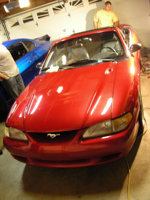 1998 Ford Crown Victoria - Front view of a red Ford Mustang convertible with its running-pony grille emblem, a man and a blue car behind it in a garage.