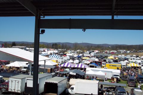 2001 Ford Crown Victoria - A wide view of an outdoor market event, filled with tents and various vehicles, under a bright, clear sky.