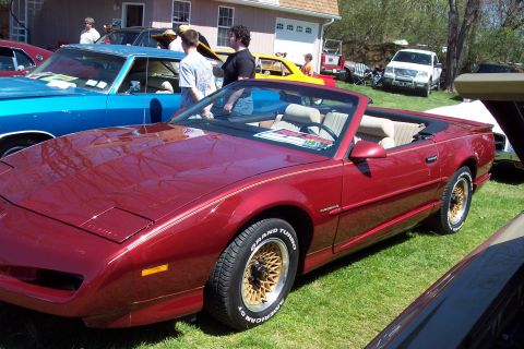 2001 Ford Crown Victoria - A red convertible sports car with gold accents and mesh wheels is displayed outdoors, with other vehicles visible in the background.