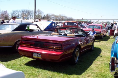 2001 Ford Crown Victoria - A red convertible is parked on grass at an outdoor event with other vehicles and spectators.