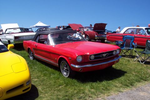 2001 Ford Crown Victoria - A red 1965 Ford Mustang convertible is displayed at an outdoor car show with other vehicles.