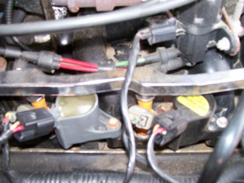 1999 Ford Crown Victoria - Close-up view of engine ignition coils and fuel injectors, showing electrical connections.