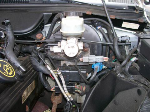 1999 Ford Crown Victoria - Close-up view of engine bay components, including the brake fluid reservoir and various electrical connectors.