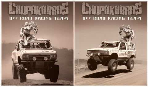 1992 Ford Explorer - Off-road racing trucks with figures on top, one in desert, one on sand dune.