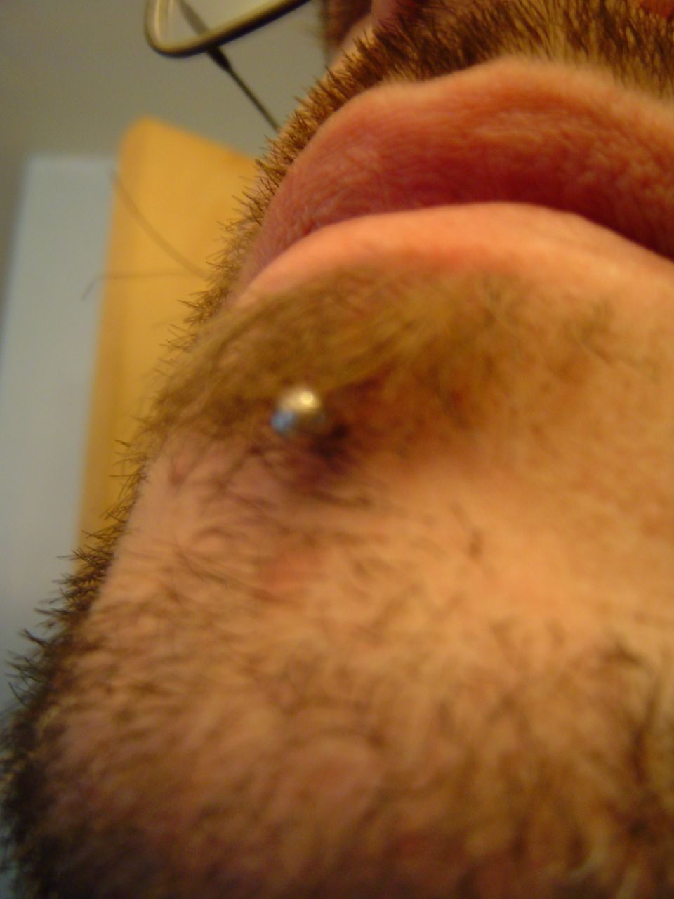 Close-up of a person's eyebrow with a silver stud piercing