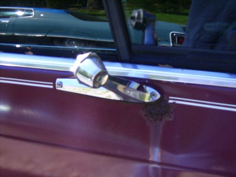1982 Ford LTD Crown Victoria - Close-up of a car's side door handle and trim, with rust evident and another vehicle in the background.