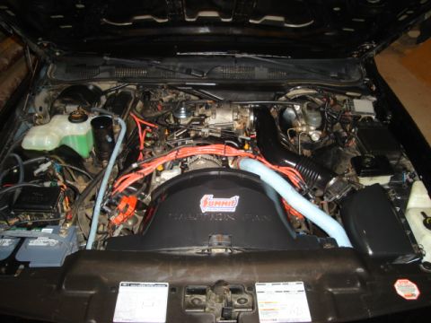 1992 Ford Crown Victoria - Engine bay of a 1992 Ford Crown Victoria, showing the V8 engine with aftermarket parts and a Summit racing fan.