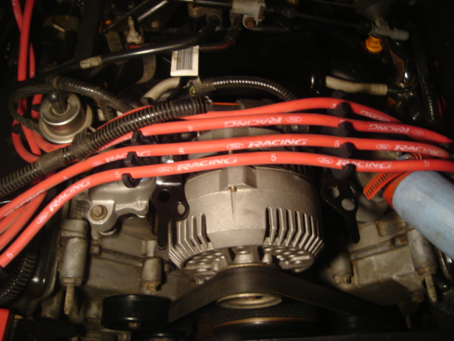 Engine bay with red Ford Racing spark plug wires, alternator, and belt