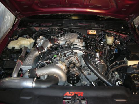 1992 Ford Crown Victoria - Customized engine bay of a 1992 Ford Crown Victoria, twin turbochargers and aftermarket components.