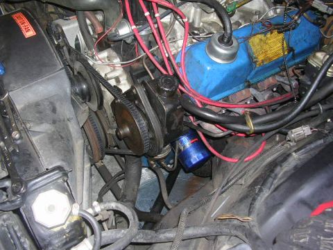 1975 Ford Ranchero - Close-up view of an engine bay, showing the power steering pump and blue valve cover.