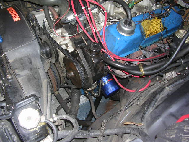 Engine bay with blue valve cover and power steering pump