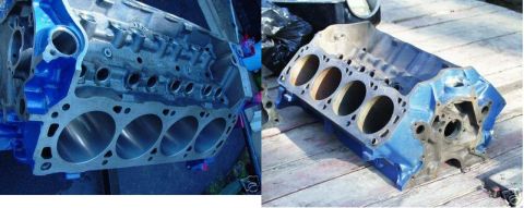 1965 Ford Mustang - A close-up view of two engine blocks, one showing its cylinder bores, both painted blue.