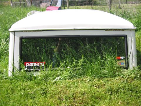 1968 Ford Bronco - A white Ford Bronco hardtop is partially obscured by tall grass, with a Flowmaster sticker visible on the rear window.