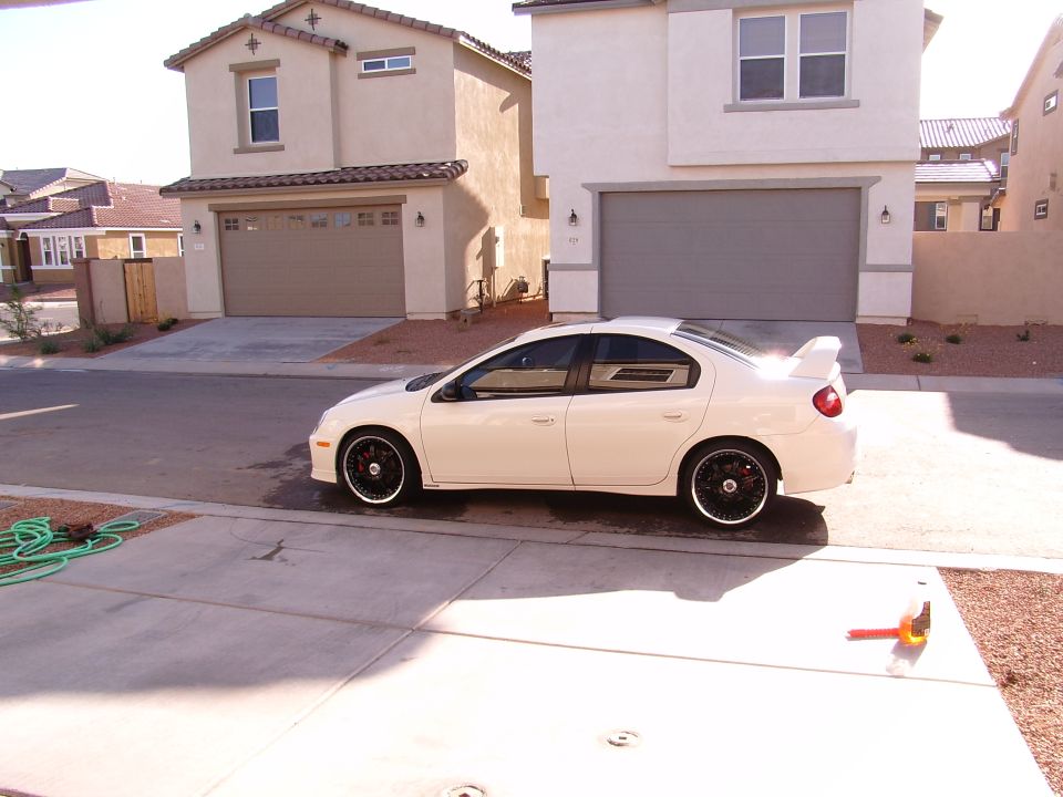 White Dodge Neon SRT-4 with spoiler and black rims parked in driveway