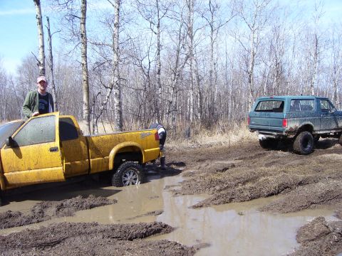 1996 Ford Bronco - Two trucks are stuck in a muddy area with trees surrounding them.