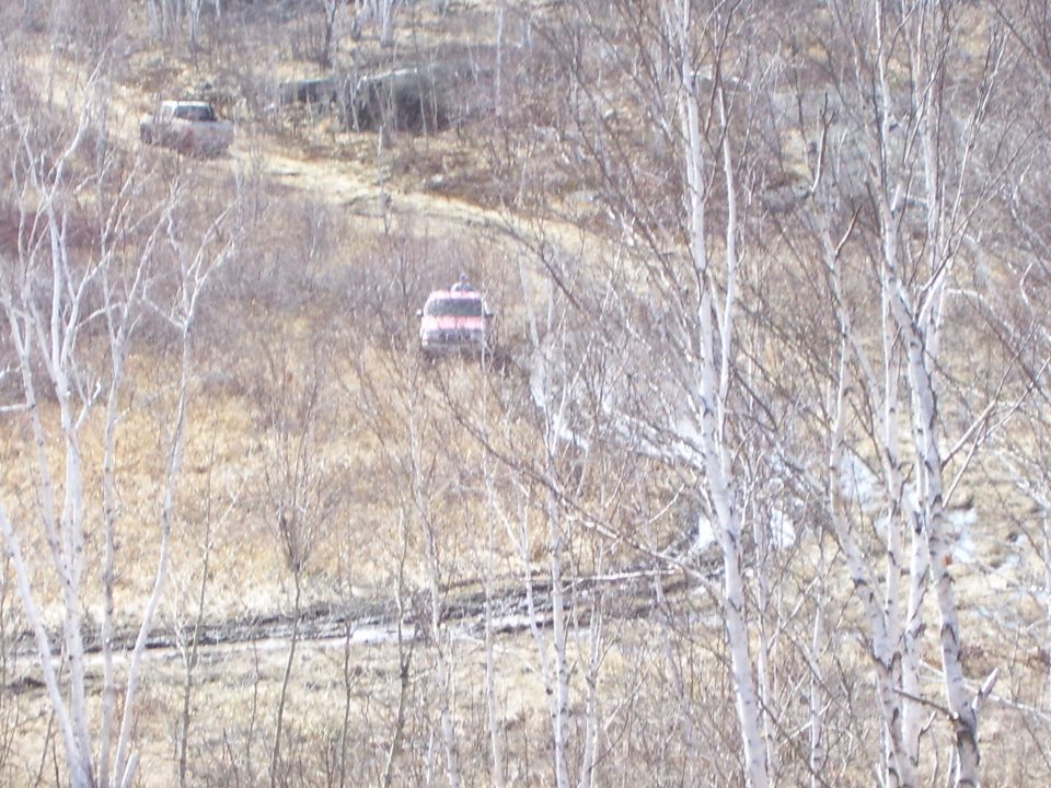 Distant vehicles on a dirt trail through bare winter trees and brush