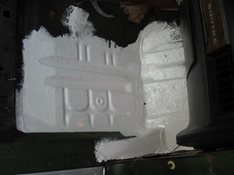 1973 Ford Ranchero - The interior floor pan has been painted white, with "Squire" trim visible on the right side.