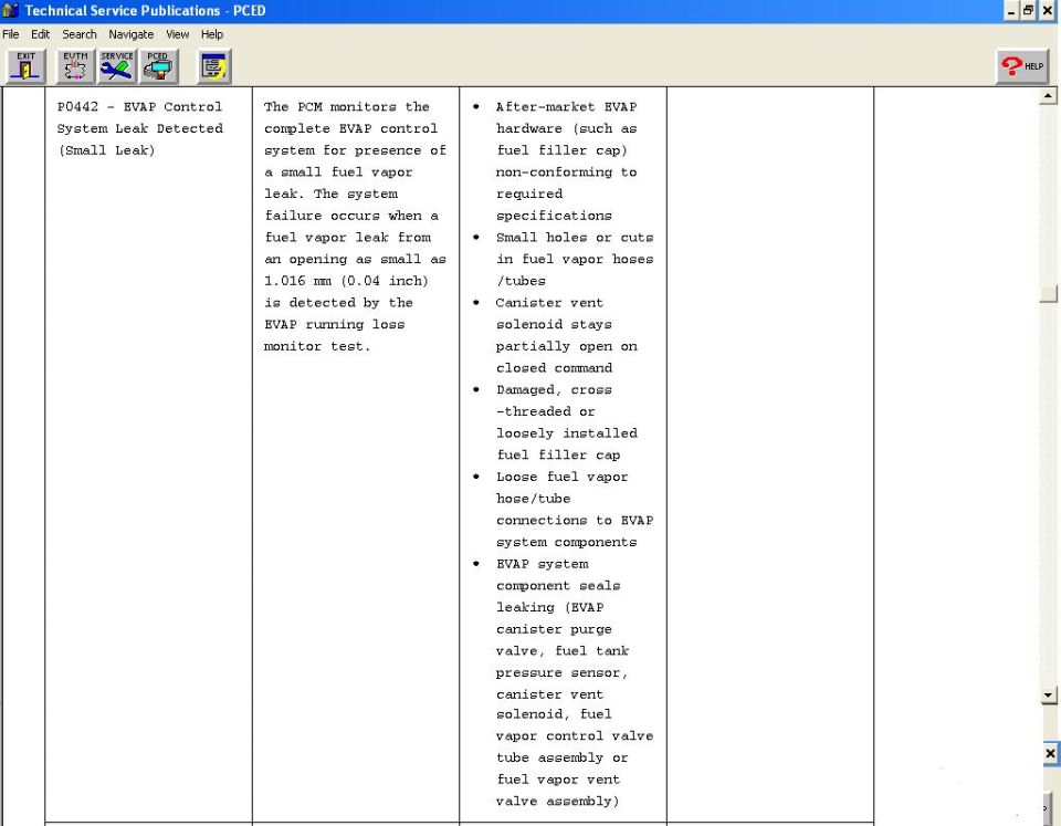 Screenshot of a computer screen displaying a technical service bulletin about EVAP system leak detection