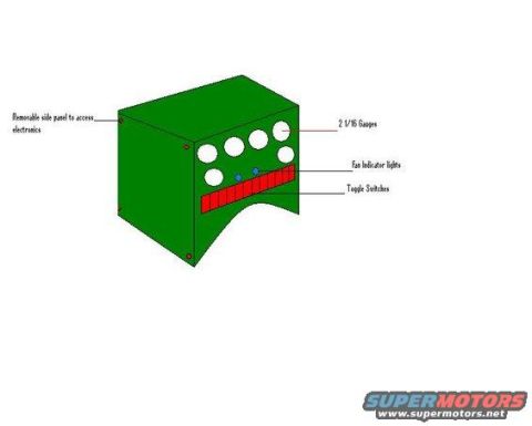 1978 Ford Bronco - Technical layout drawing of a fabricated dash/electronics console with callouts for gauges, fan indicator lights, toggle switches, and a re…