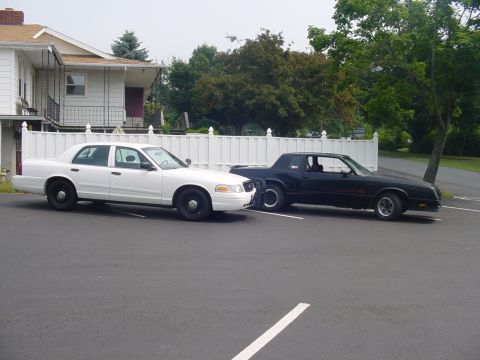 2002 Ford Crown Victoria - A white 2002 Ford Crown Victoria is parked alongside a black coupe in a lot.