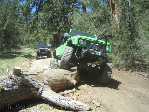 1987 Suzuki Samurai - A modified green Suzuki Samurai navigates an obstacle on a wooded trail, with another Jeep in tow.