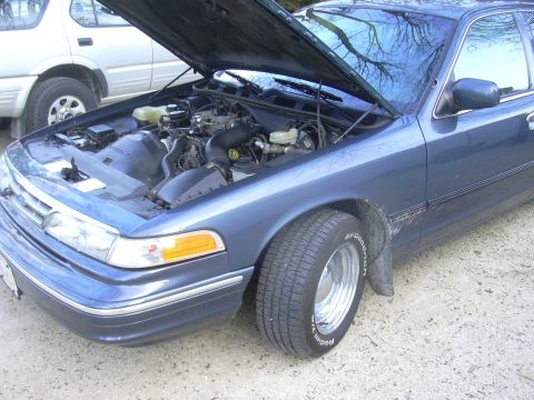 1996 Ford Crown Victoria - The front of a blue sedan is visible with its hood open, revealing the engine compartment.