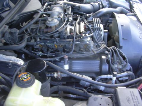 1996 Ford Crown Victoria - A close-up view of a complex engine bay, showing numerous hoses, wires, and engine components.