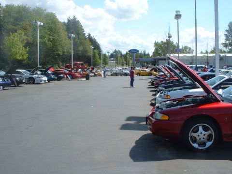 2000 Ford Crown Victoria - Cars are displayed with their hoods up at a dealership event, various Ford models.