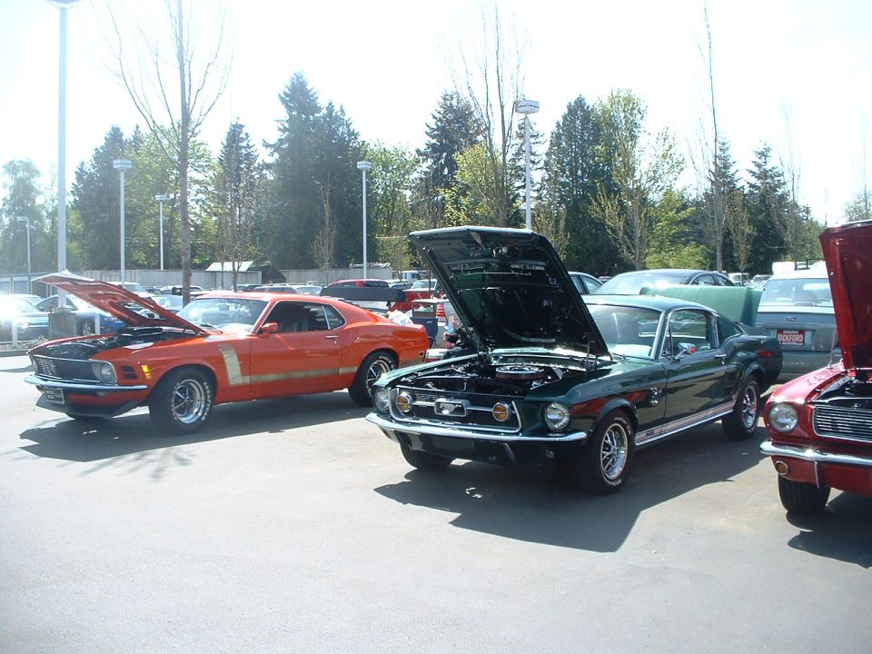 Orange 1969 Ford Mustang Boss 302 and green 1967 Ford Mustang fastback parked with hoods up