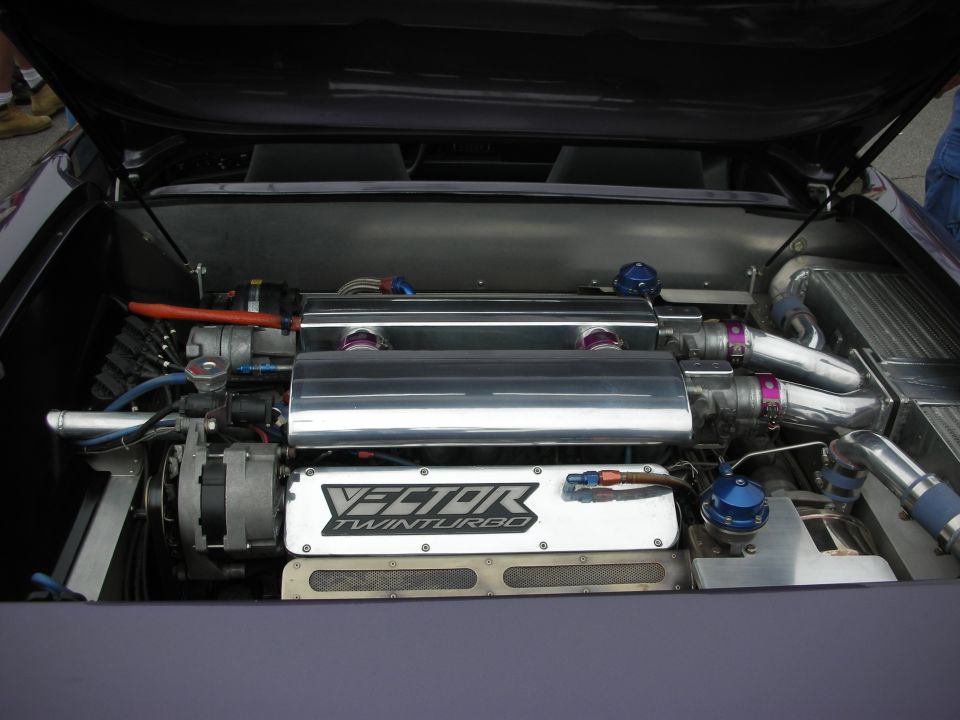 Polished twin-turbo Vector engine bay with intake plenum