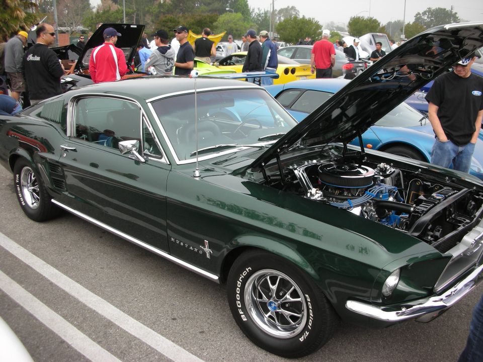 Dark green classic Ford Mustang fastback with open hood at a car show