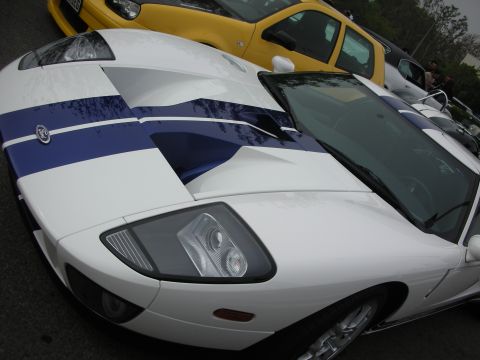 1998 Ford Crown Victoria - Close angled view of a white Ford GT's headlight, blue center stripe and pony emblem at a car gathering.