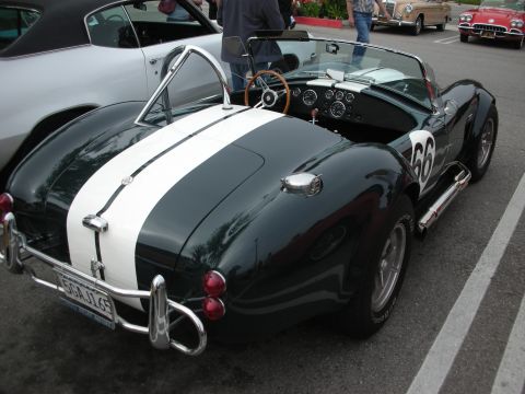 1998 Ford Crown Victoria - dark green Shelby Cobra roadster with a white center stripe and roundel number 66 is parked rear three-quarter at a show.