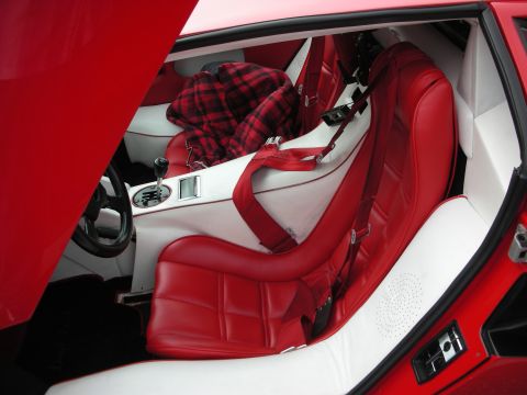 1998 Ford Crown Victoria - two-tone red and white leather interior of a sports car with bucket seats, racing harnesses, and a manual shifter.