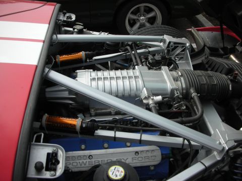 1998 Ford Crown Victoria - Engine bay of a supercharged V8 with a roots-type blower, blue valve covers reading POWERED BY FORD, and a silver chassis cross-brace.