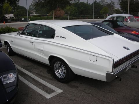 1998 Ford Crown Victoria - white 1960s Dodge Charger fastback coupe with chrome wheels, shown from the rear three-quarter in a parking lot.