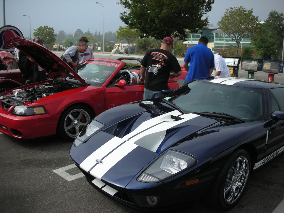 Dark blue Ford GT with white stripes beside a red Mustang Cobra at a car meet