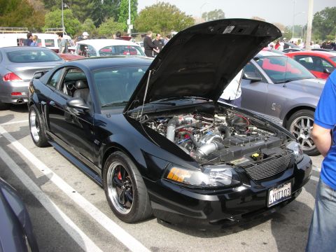 1998 Ford Crown Victoria - black Ford Mustang GT with its hood open revealing a turbocharger setup and braced engine bay, parked at a crowded meet.